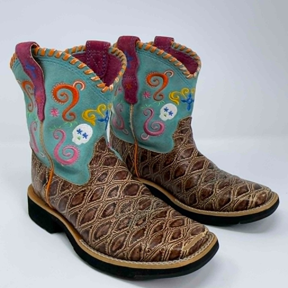 Ariat Tombstone Square Toe Cowboy Leather Boots Girls 13 Brown Turquoise Skulls